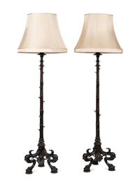 A Pair of French Neoclassical Patinated Bronze Torchères with Custom Silk Shades