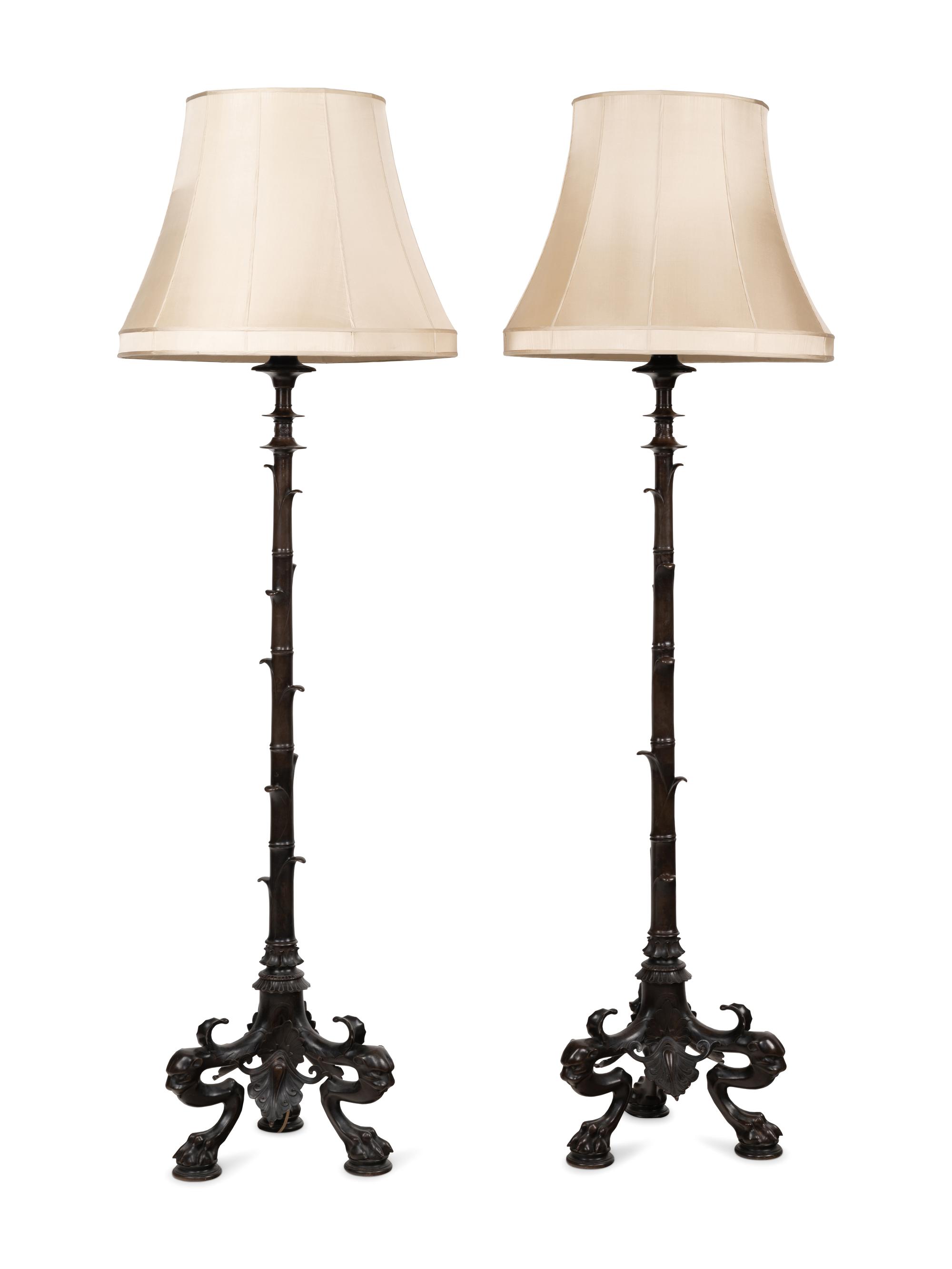 A Pair of French Neoclassical Patinated Bronze Torchères with Custom Silk Shades