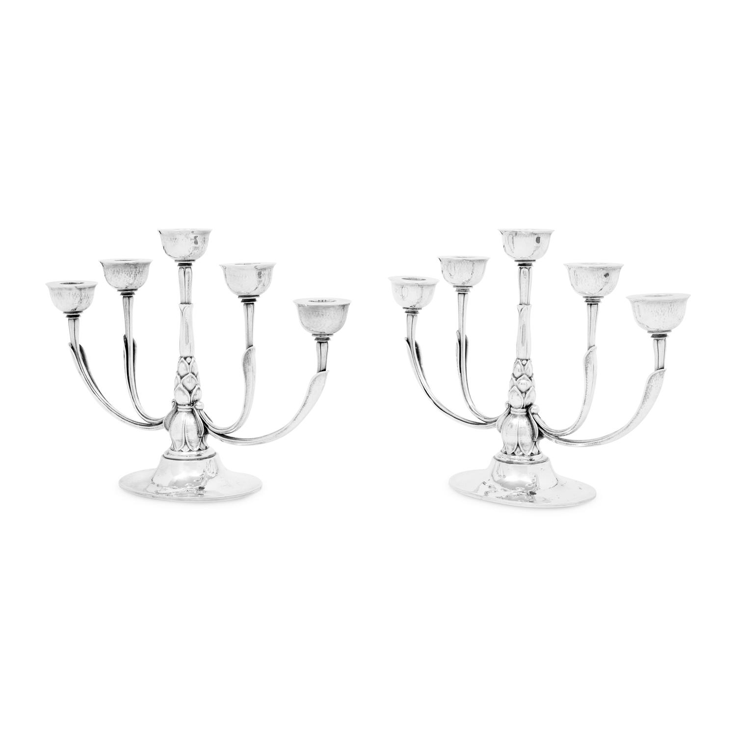 A Pair of Georg Jensen Silver Five-Light Candelabra