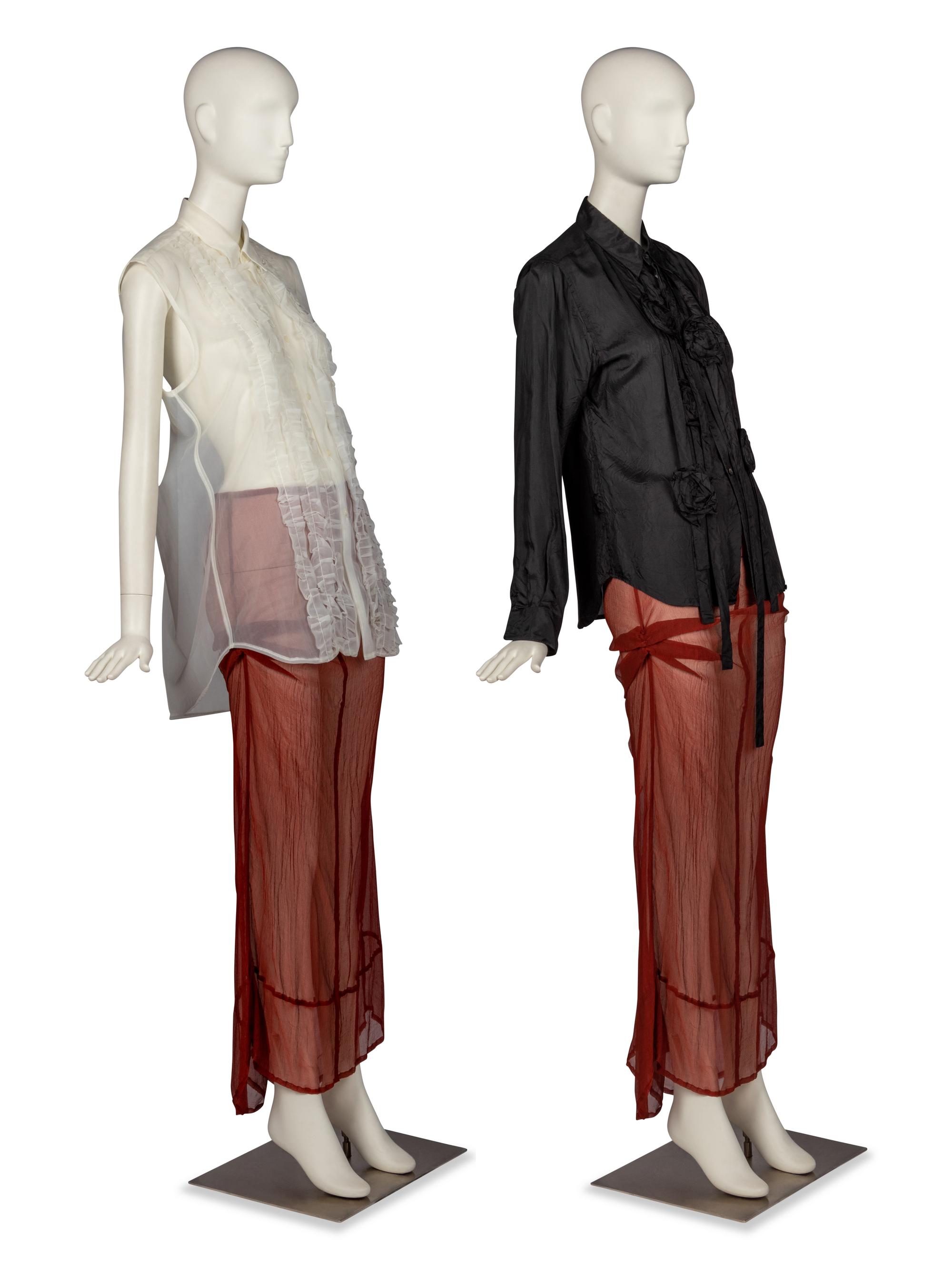 Dries Van Noten Faux Fur Jacket and Chiffon Skirt with Two Commes des Garçons Blouses