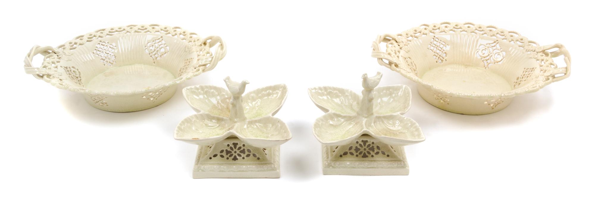 A Group of Four Leeds Glazed Ceramic Table Articles Width of widest 10 1/4 inches.