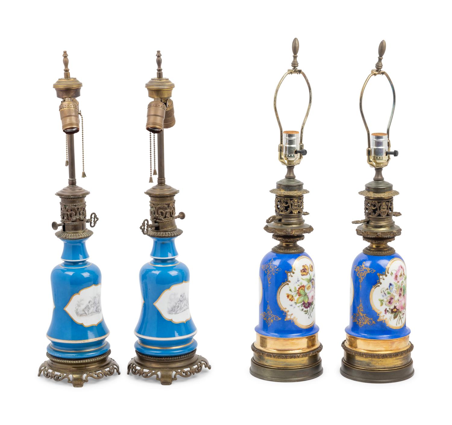 Two Pairs of French Porcelain Lamps
