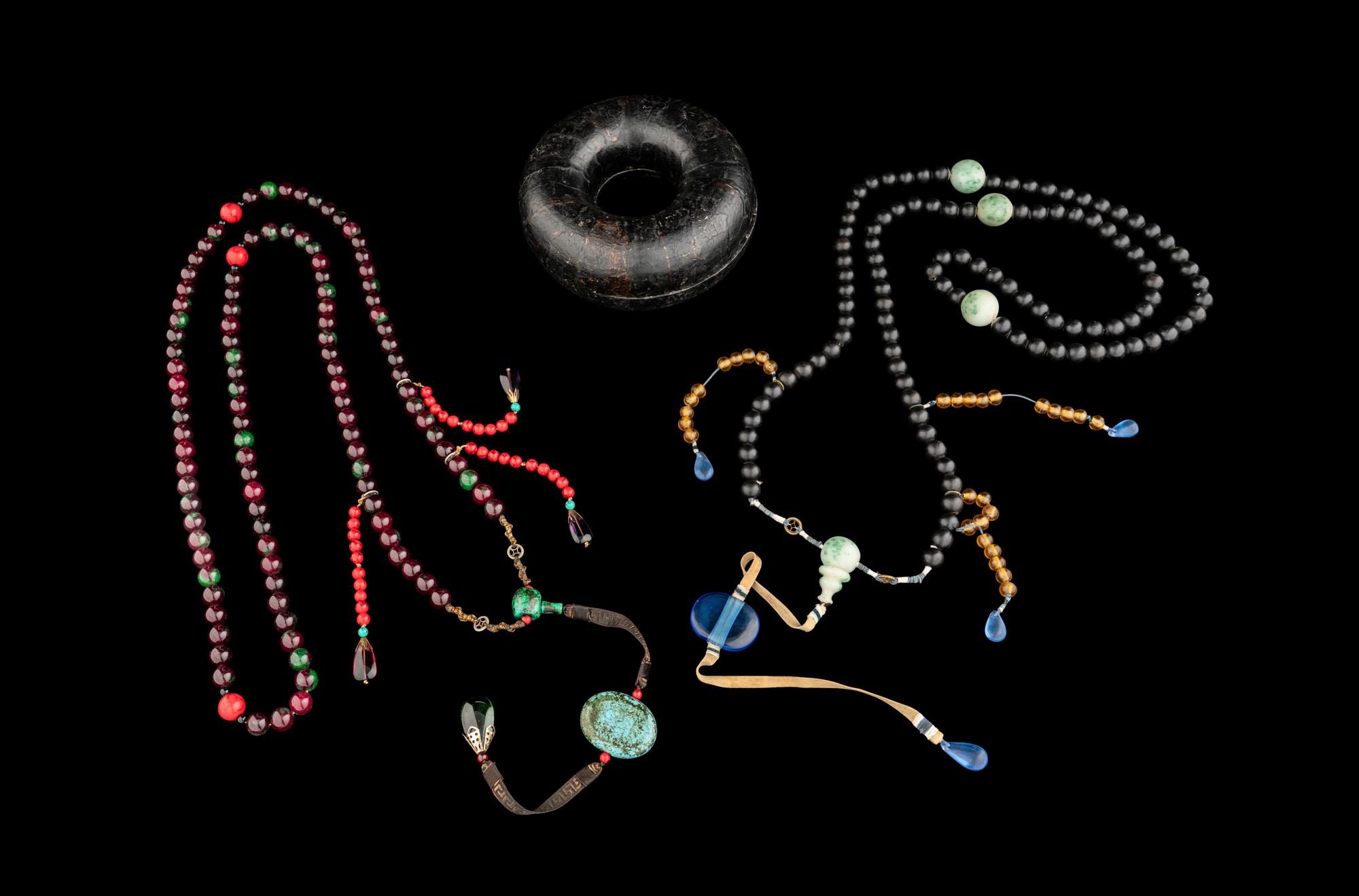 Two Chinese Court Necklaces, Chaozhu, with A Black Lacquered Circular Box and Cover
