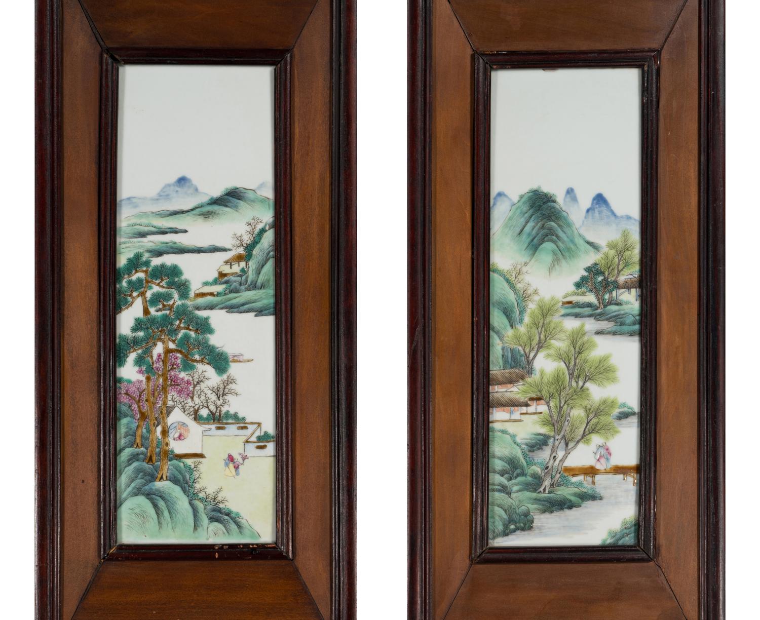 A Set of Four Chinese Famille Rose Porcelain Plaque Inset Hardwood Hanging Screens, Late Qing/Republic Period 清末/民國 紅木嵌山水詩文瓷板挂屏四條
