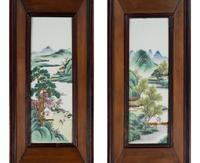 A Set of Four Chinese Famille Rose Porcelain Plaque Inset Hardwood Hanging Screens, Late Qing/Republic Period 清末/民國 紅木嵌山水詩文瓷板挂屏四條