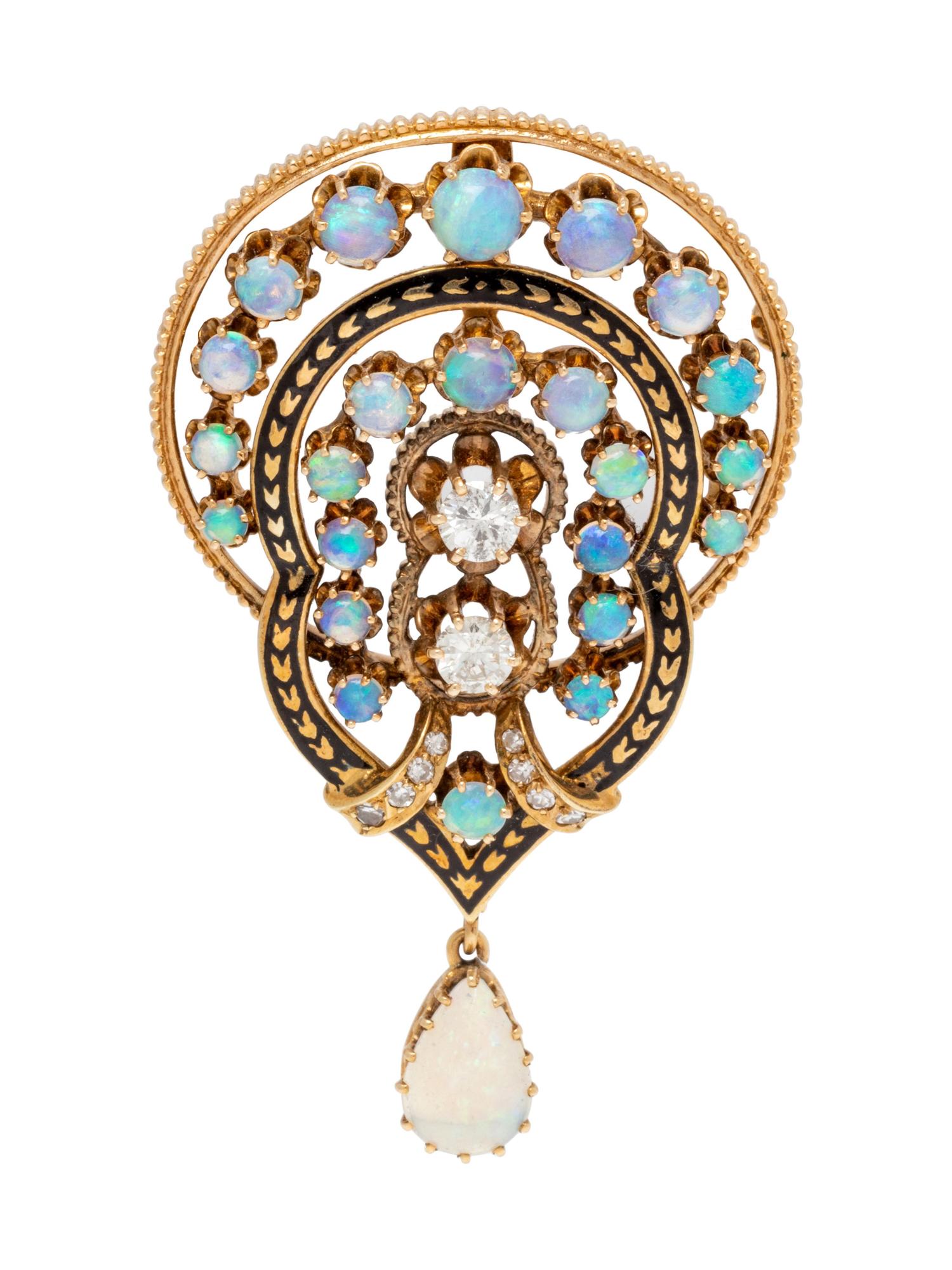 A 14 Karat Yellow Gold, Opal and Diamond Pendant/Brooch,
