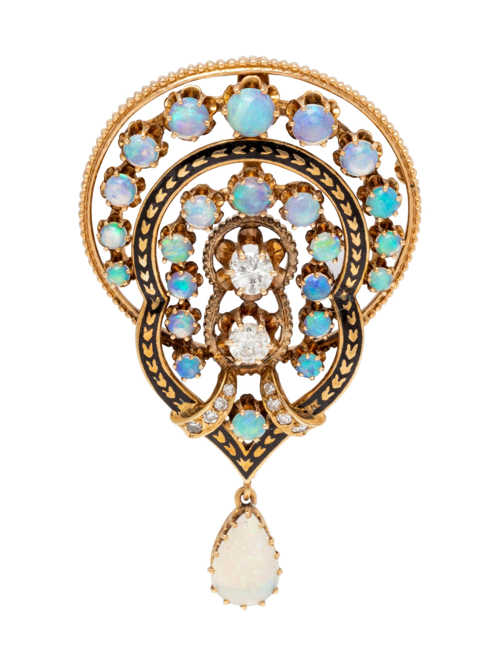 A 14 Karat Yellow Gold, Opal and Diamond Pendant/Brooch,