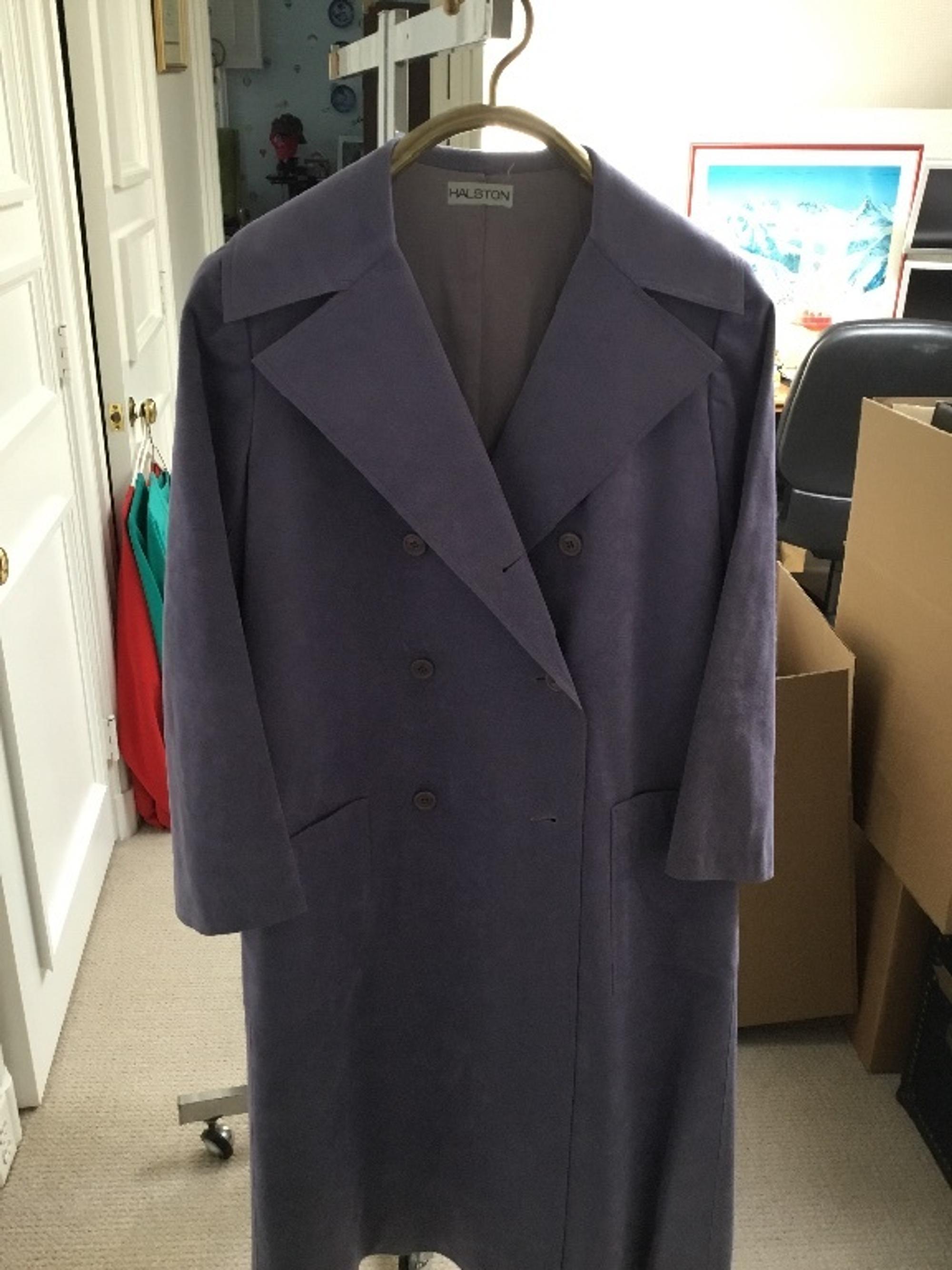 A Halston Lavender Ultra Suede Double Breasted Coat, Size 6; Belt: 62.5" x 1.75".