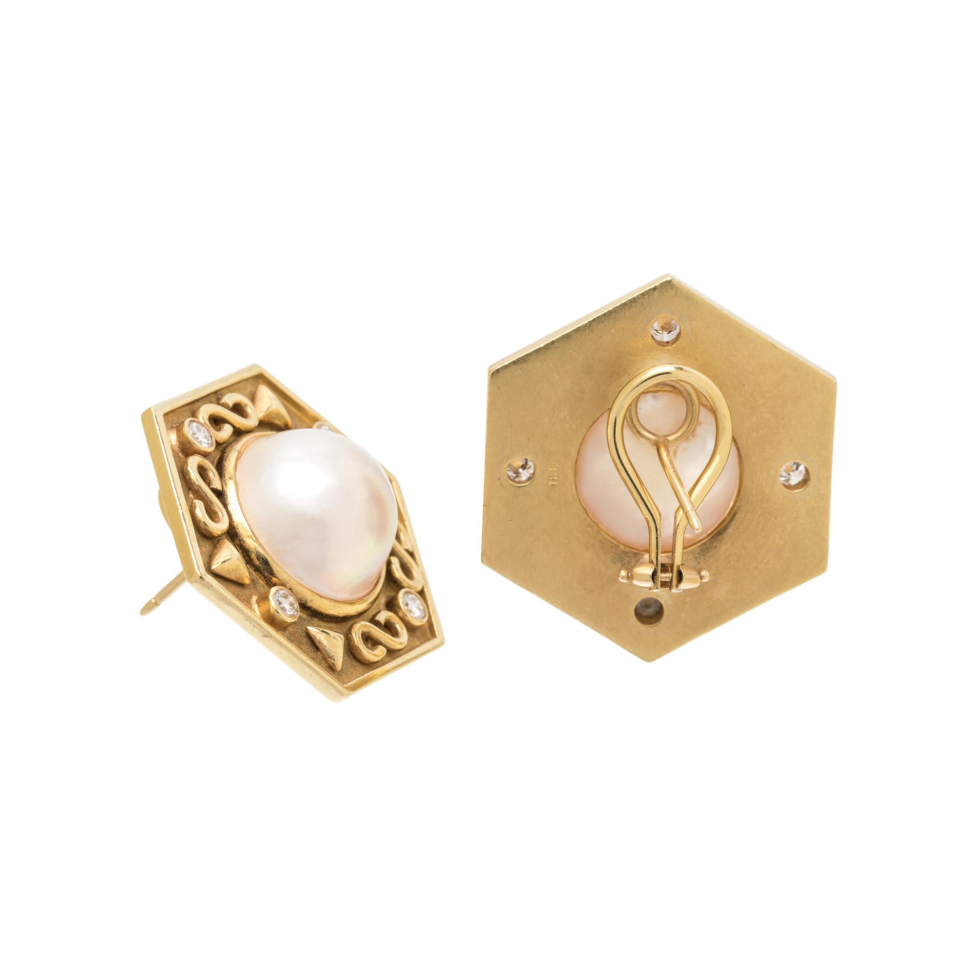 YELLOW GOLD, CULTURED MABE PEARL AND DIAMOND EARCLIPS