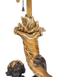 A Pair of American Gilt and Patinated Bronze and Carved Marble Figural Table Lamps