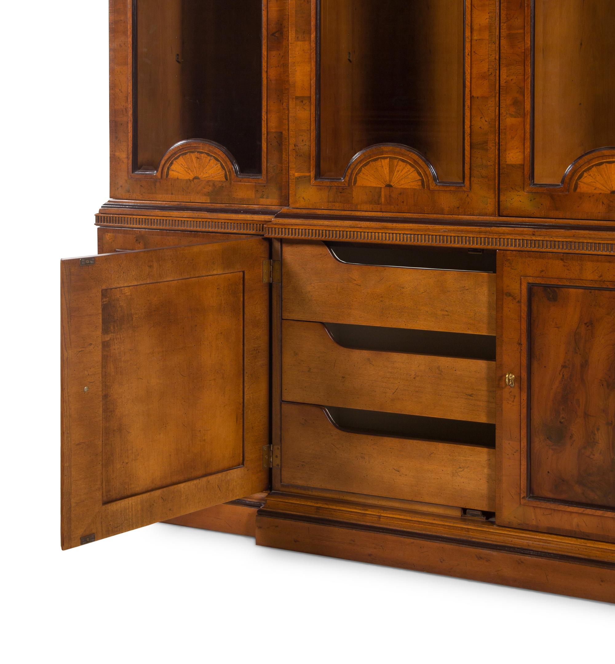 A George III Style Mahogany and Satinwood Marquetry Breakfront Bookcase