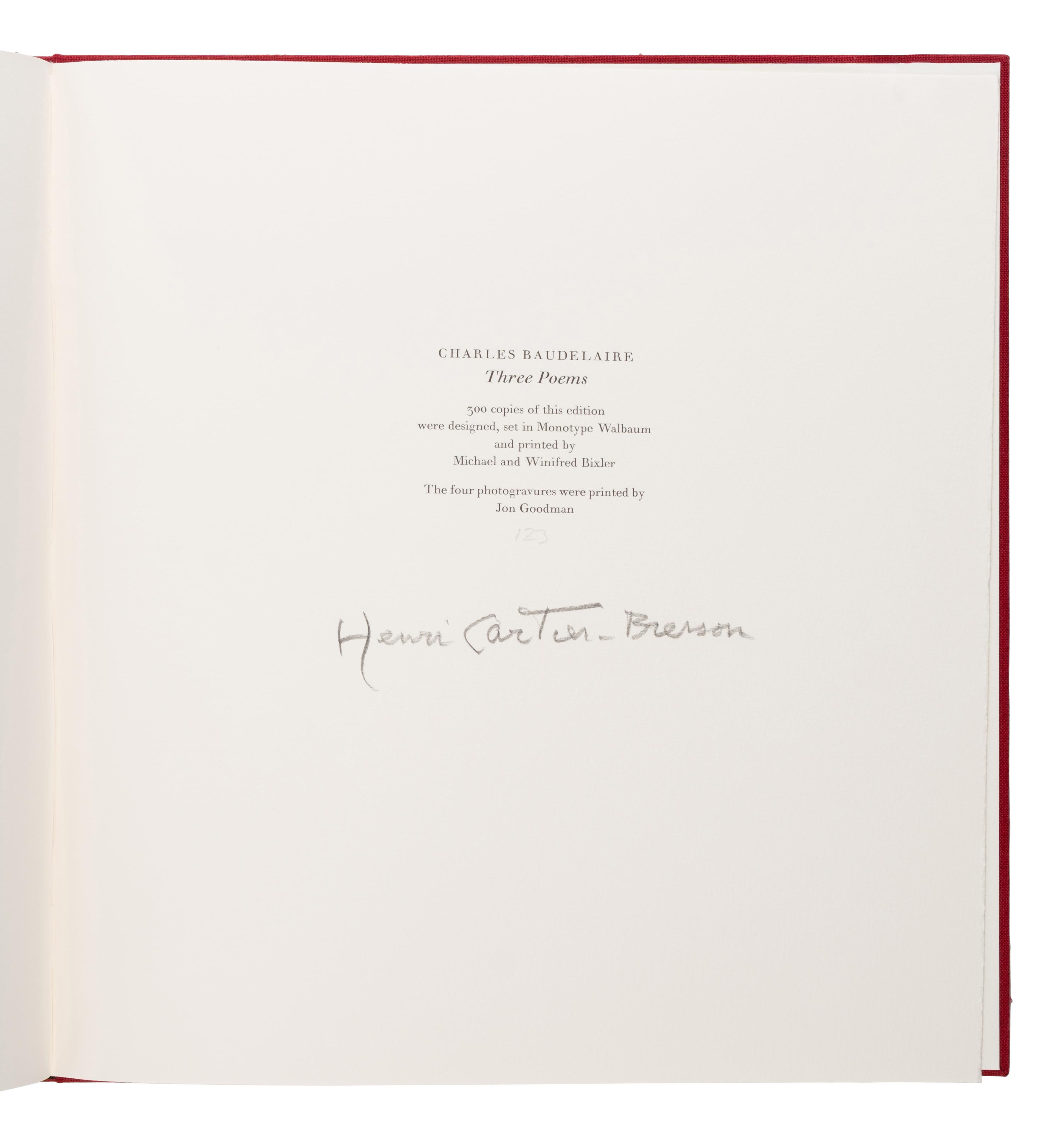 Cartier-Bresson, Henri (1908-2004), photographer. -- Baudelaire, Charles (1821-1867). Three Poems from Les Fleurs du Mal . New York: The Limited Editions Club, 1997.