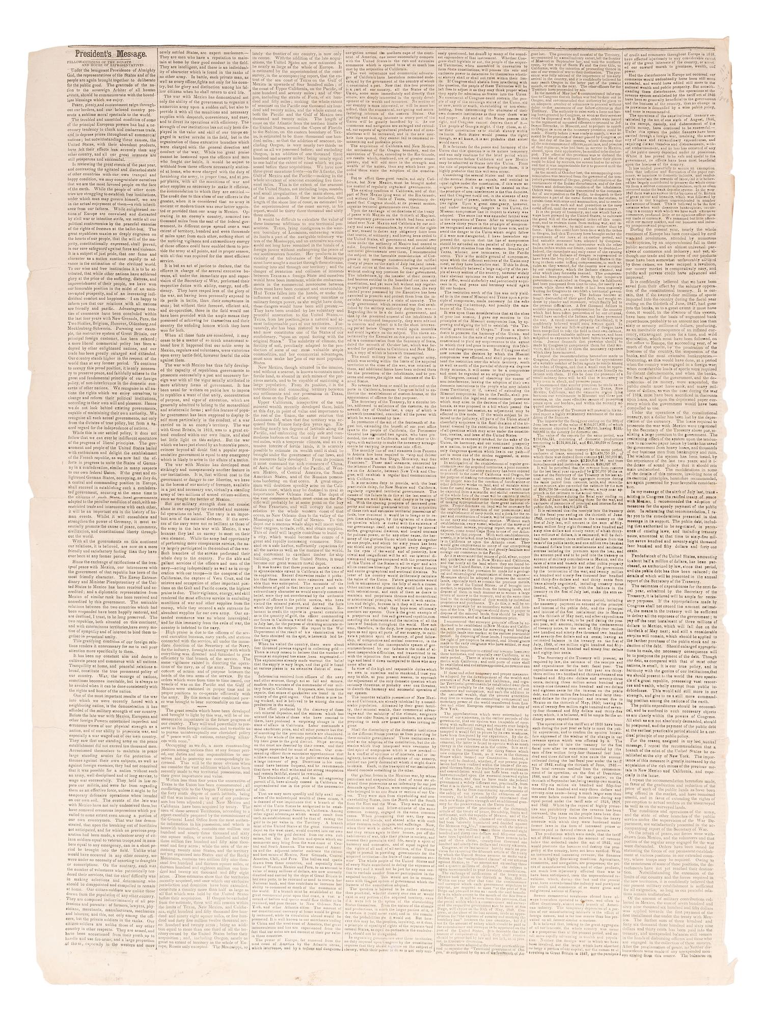 [CALIFORNIA GOLD RUSH]. Official report of the discovery of gold in California featured in December 1848 broadsheet.