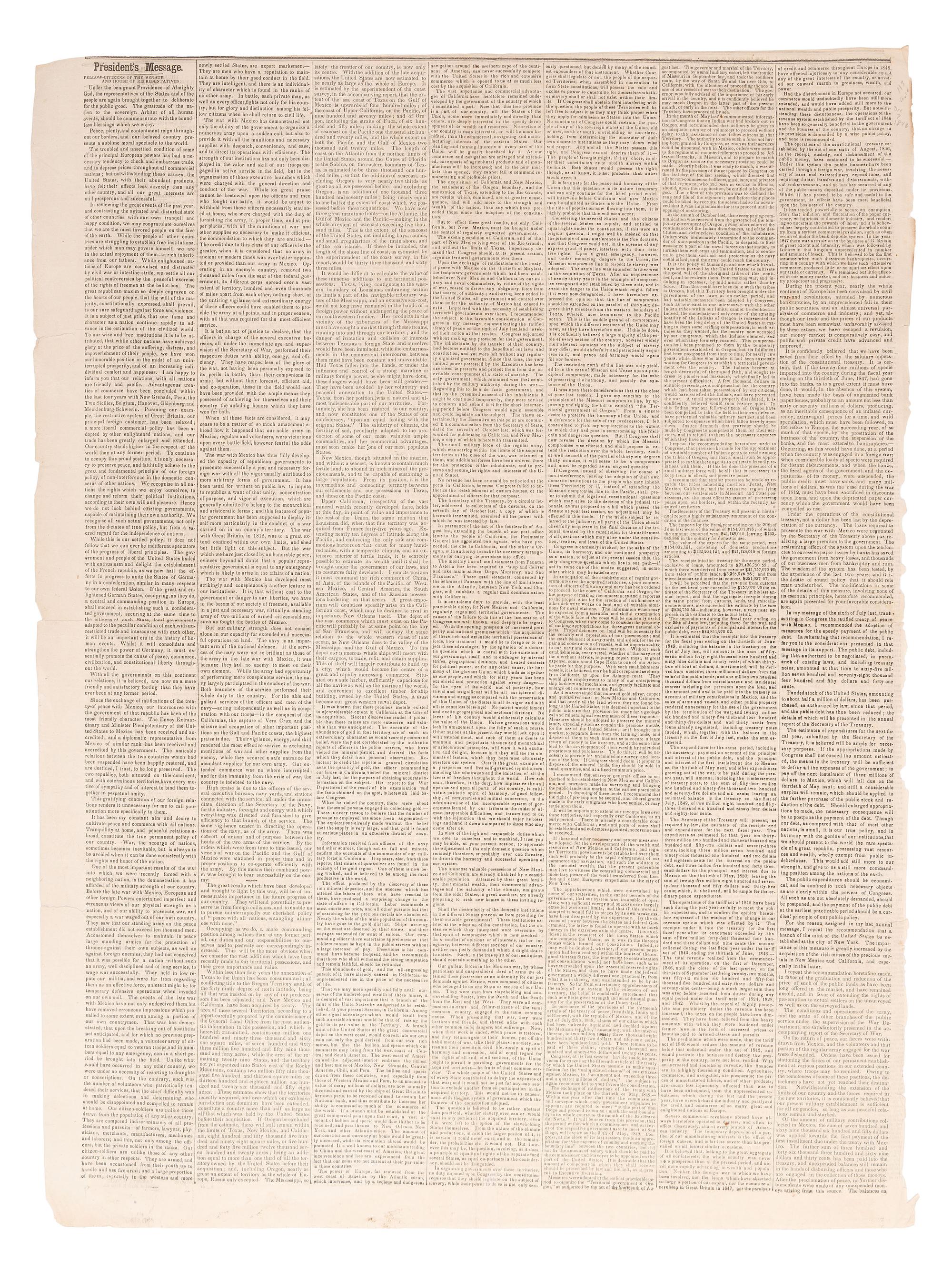 [CALIFORNIA GOLD RUSH]. Official report of the discovery of gold in California featured in December 1848 broadsheet.