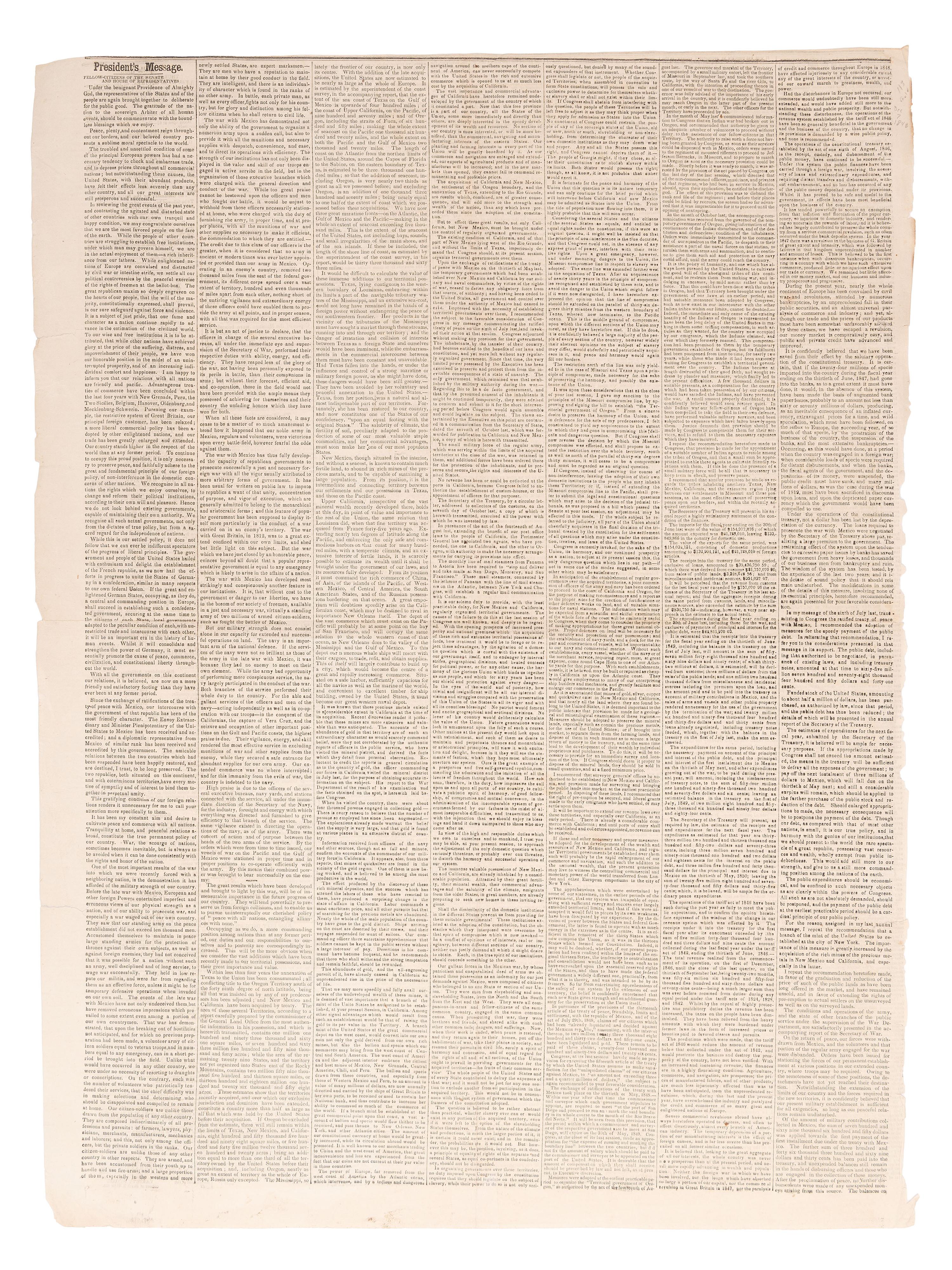 [CALIFORNIA GOLD RUSH]. Official report of the discovery of gold in California featured in December 1848 broadsheet.