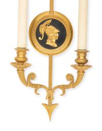 A Pair of Neoclassical Style Gilt Bronze Two Light Wall Sconces with Portrait Medallions