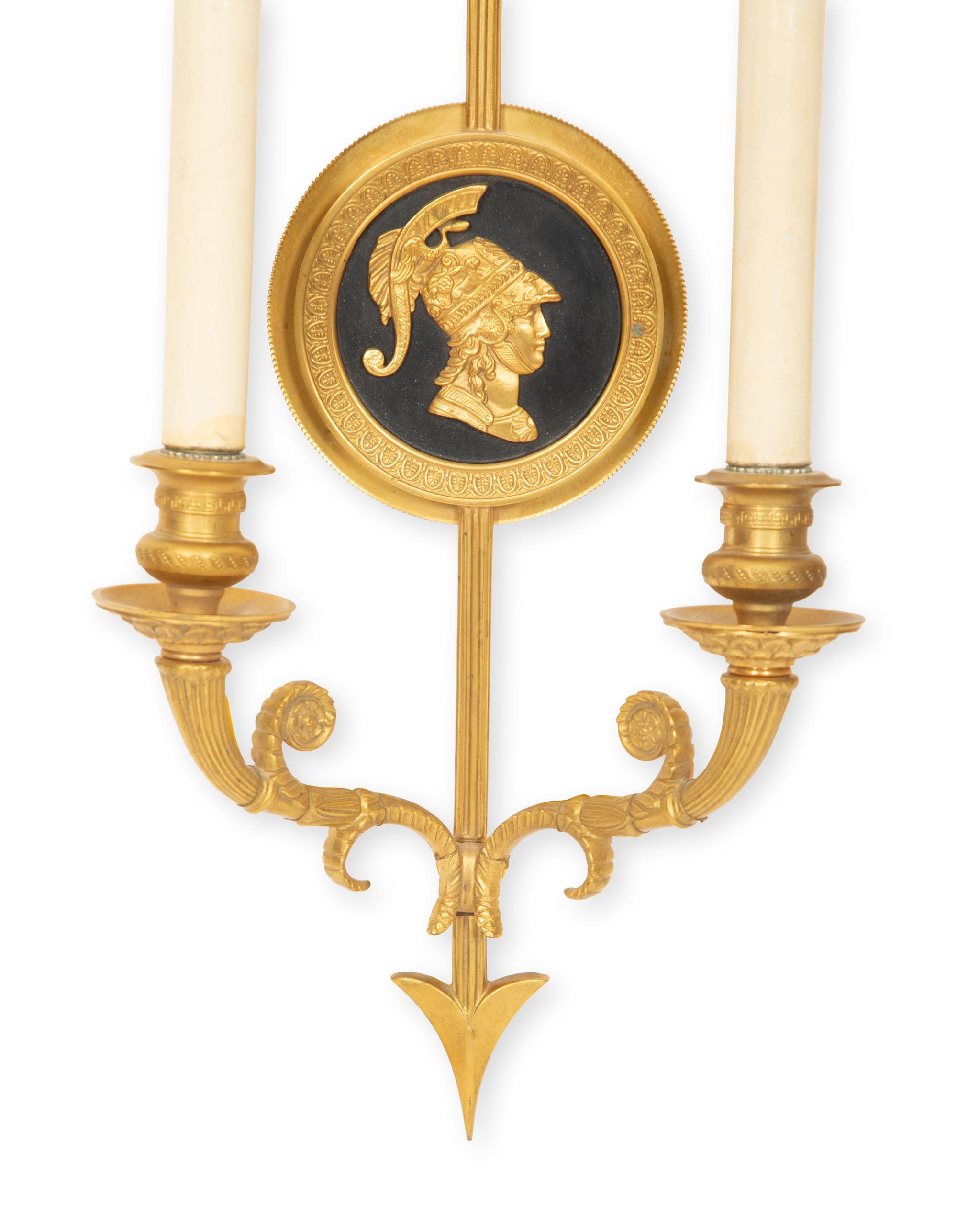 A Pair of Neoclassical Style Gilt Bronze Two Light Wall Sconces with Portrait Medallions