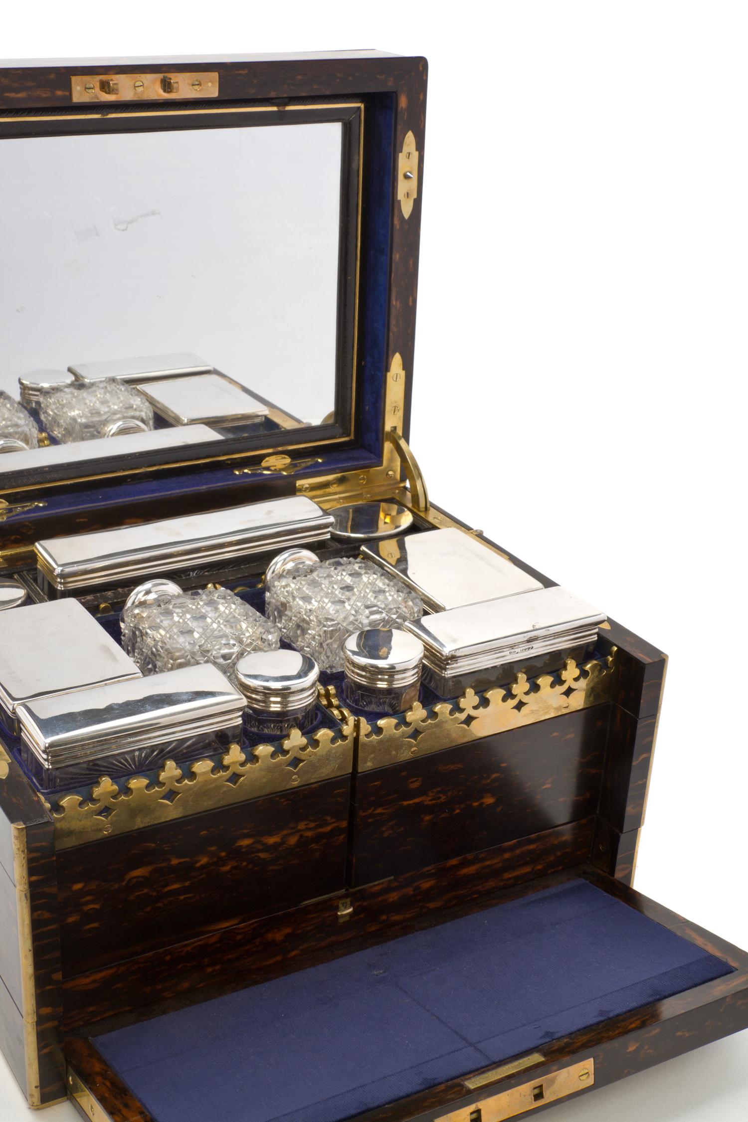 A Victorian Calamander, Silver and Cut Glass Dressing Box, RETAILED BY HOWELL, JAMES & CO., LONDON, Height 8 1/4 x width 13 1/2 x depth — RETAILED BY HOWELL, JAMES & CO., LONDON,