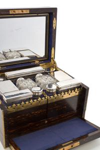 A Victorian Calamander, Silver and Cut Glass Dressing Box, RETAILED BY HOWELL, JAMES & CO., LONDON, Height 8 1/4 x width 13 1/2 x depth — RETAILED BY HOWELL, JAMES & CO., LONDON,