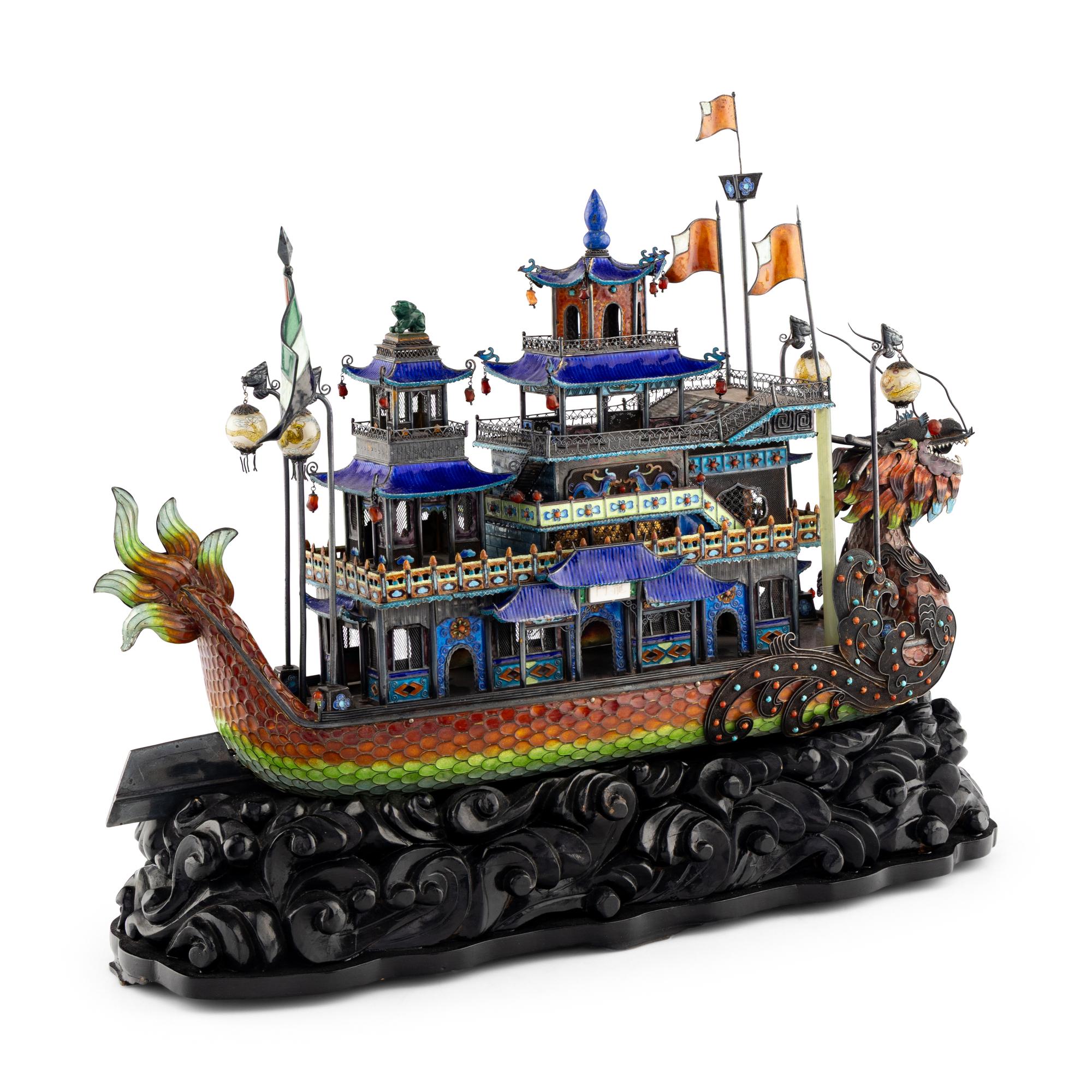 A Chinese Silver, Enamel and Hardstone Mounted Model of a Boat