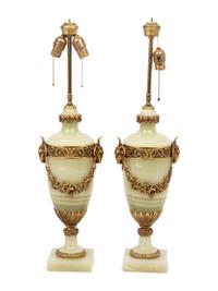A Pair of Continental Gilt Metal Mounted Onyx Urns Mounted as Lamps