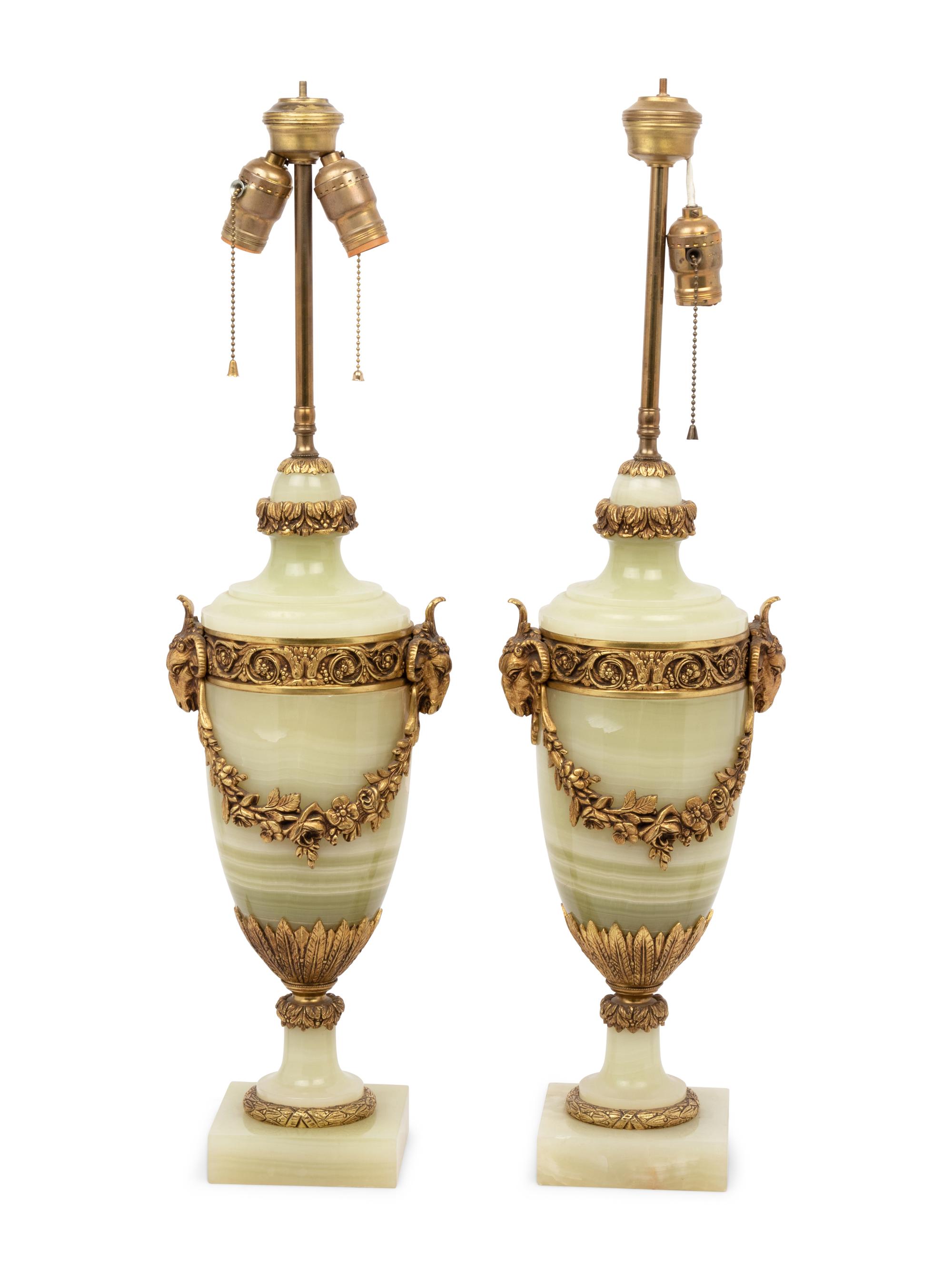 A Pair of Continental Gilt Metal Mounted Onyx Urns Mounted as Lamps