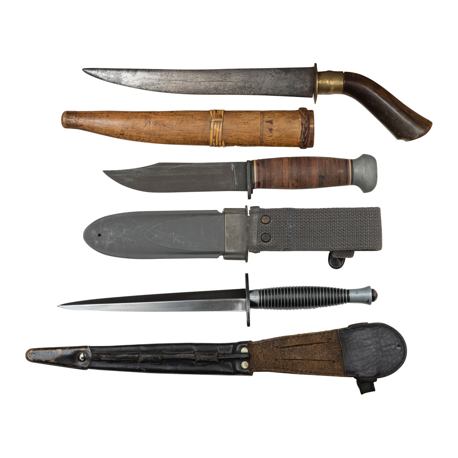 Lot of 5 WWII Fighting Knives including: USN Mark I, Sykes Fairbairn, USMC Ka-Bar, Phillippine Punal, Czech bayonet, and Theater Knife