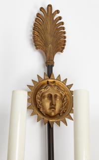 A Pair of Empire Style Gilt and Patinated Bronze Three-Light Sconces
