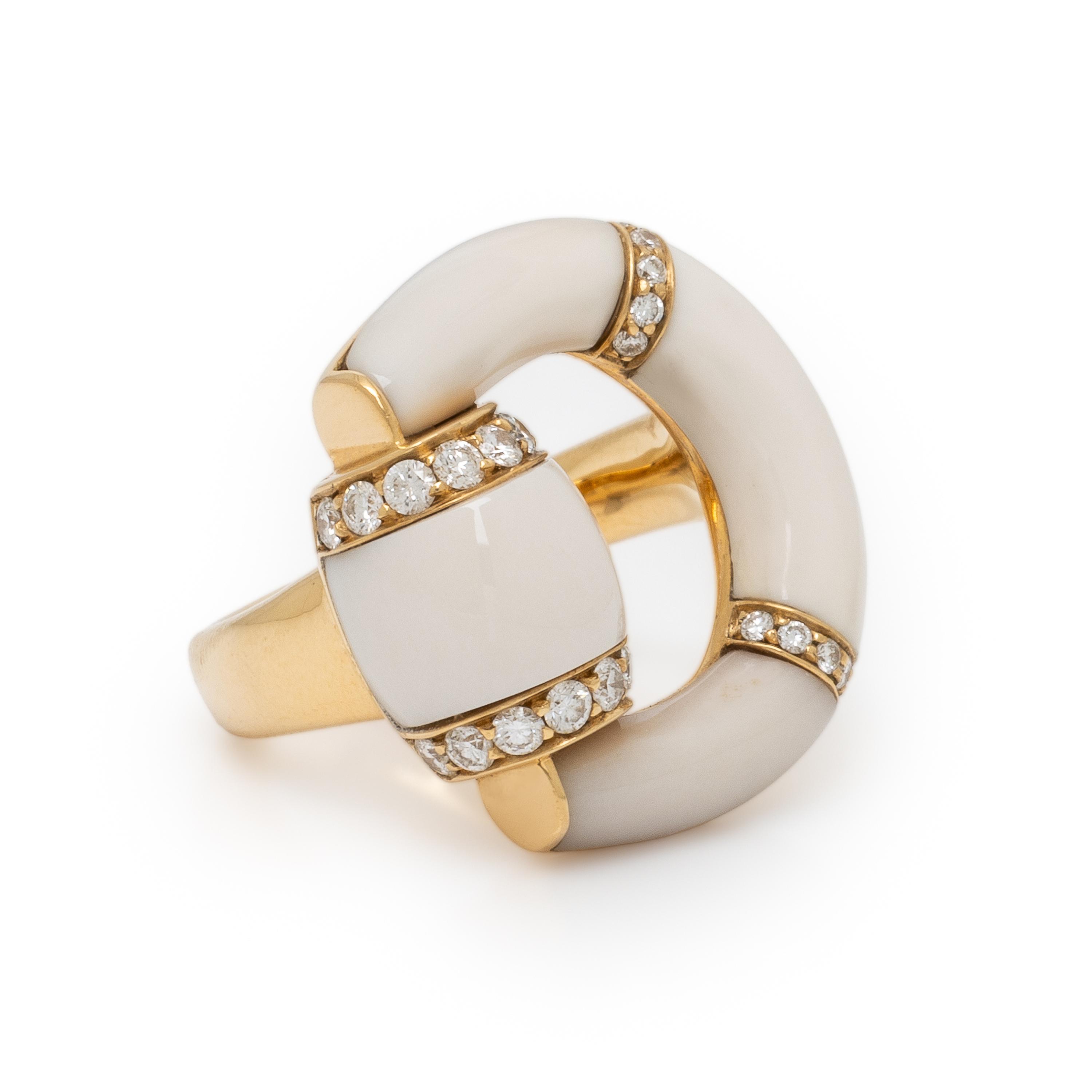 Gucci, 'Horsebit', White Chalcedony, Diamond, and Yellow Gold Ring