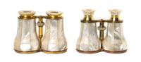 Two Pairs of French Mother-of-Pearl Veneered Opera Glasses, Width of wider 5 1/4 inches.