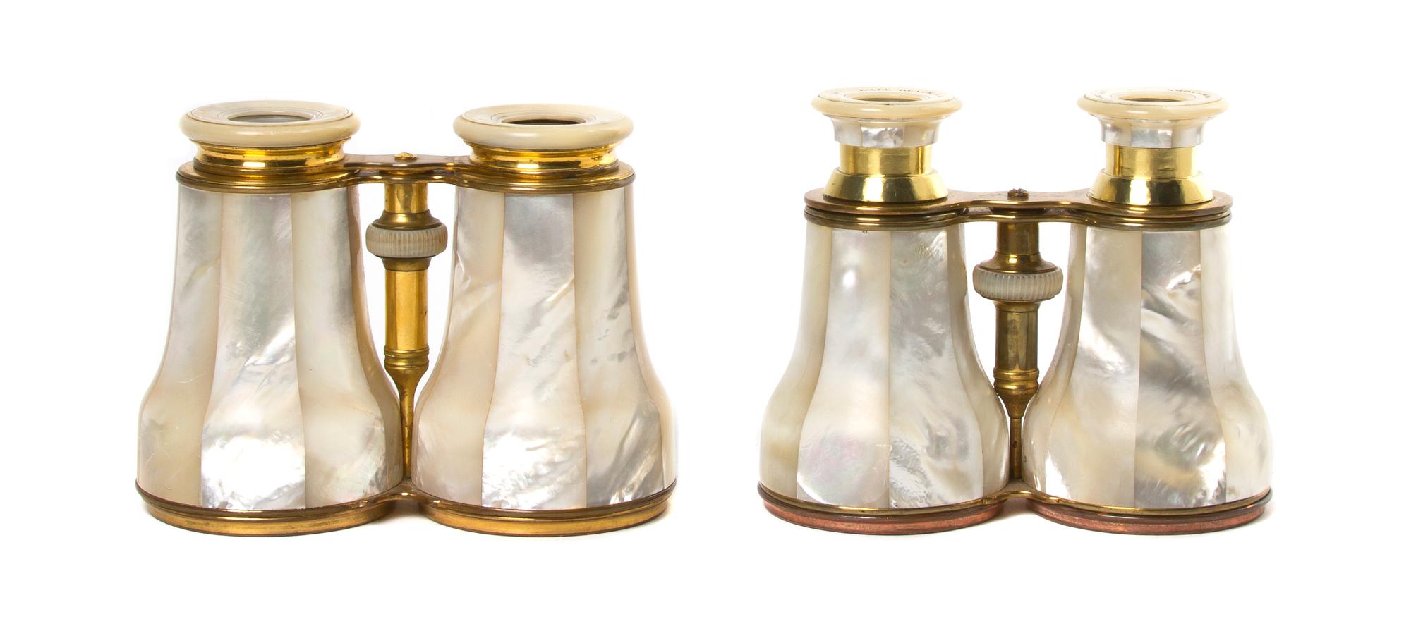 Two Pairs of French Mother-of-Pearl Veneered Opera Glasses, Width of wider 5 1/4 inches.