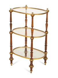 An English Gilt Brass, Walnut and Glass Etagere