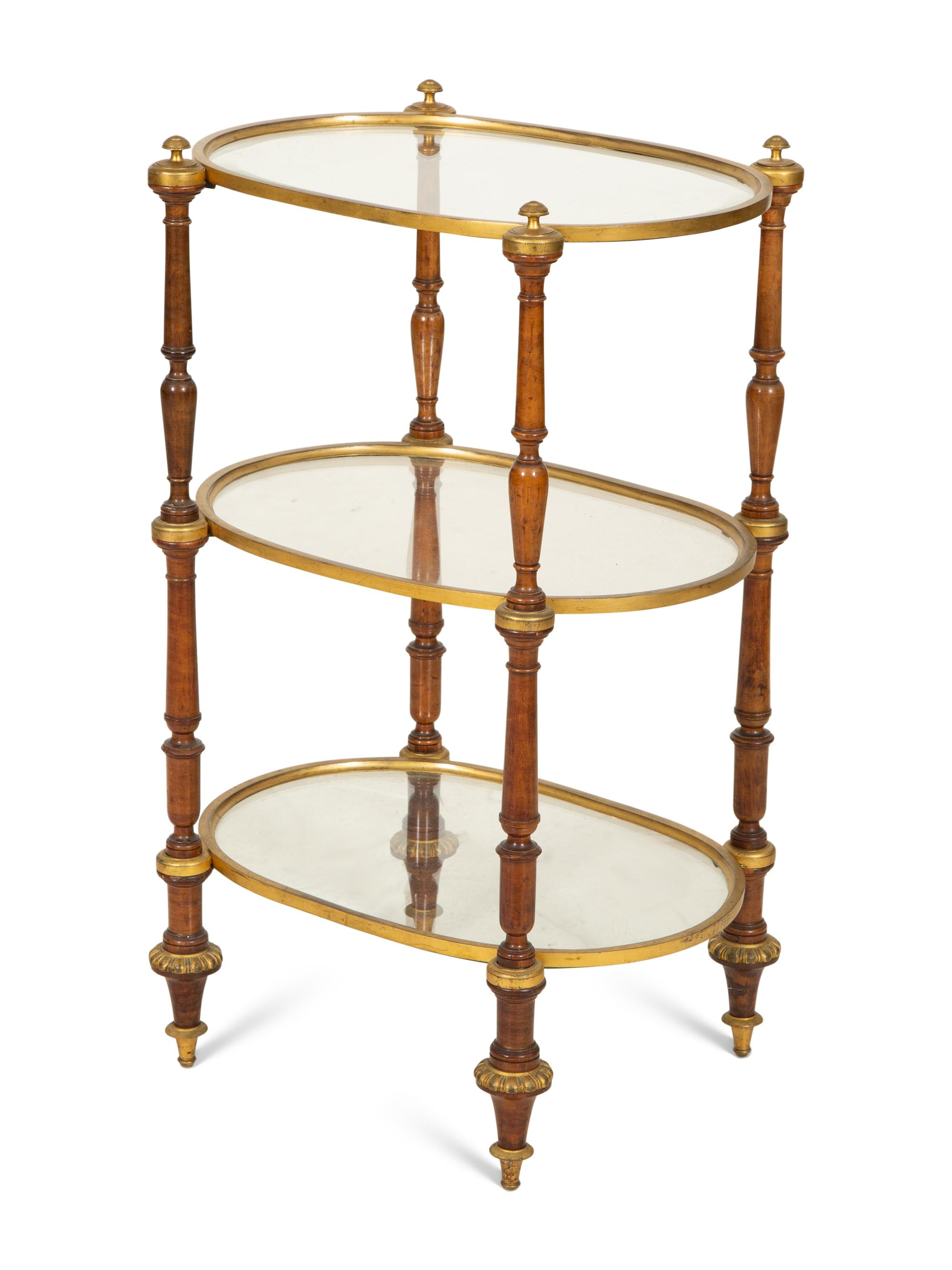 An English Gilt Brass, Walnut and Glass Etagere