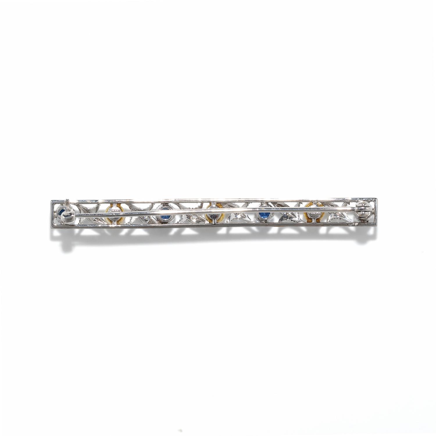 LEBOLT, EDWARDIAN, DIAMOND, SAPPHIRE, AND CULTURED PEARL BAR BROOCH