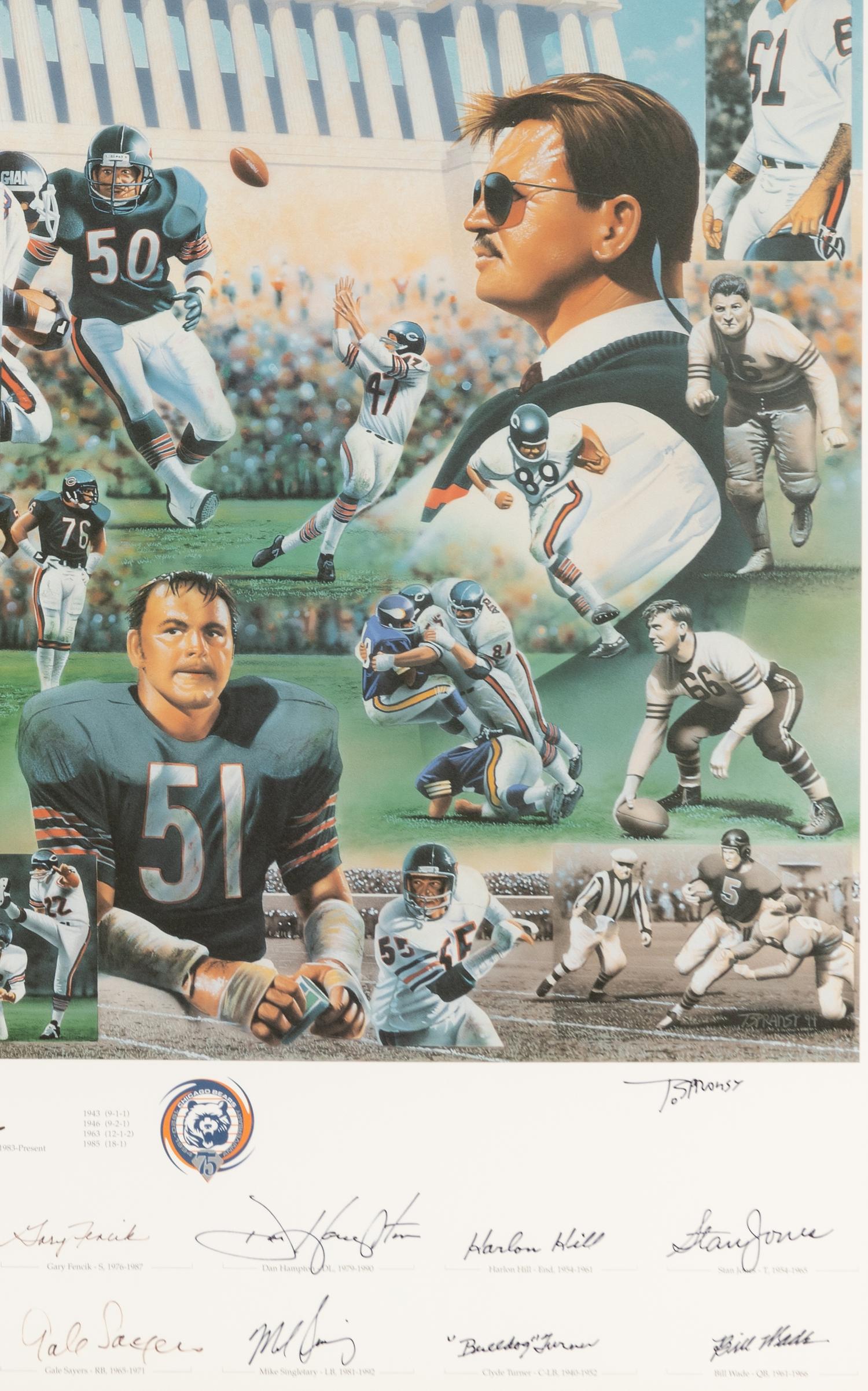 A Chicago Bears 75th Anniversary Multi Signed Autograph Print Including Walter Payton, Dick Butkus, Gale Sayers and Mike Ditka