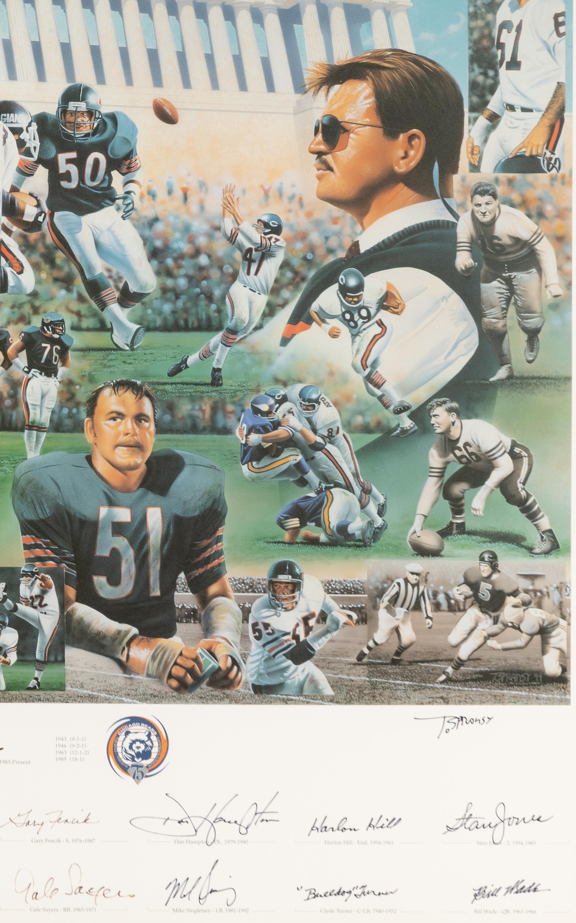 A Chicago Bears 75th Anniversary Multi Signed Autograph Print Including Walter Payton, Dick Butkus, Gale Sayers and Mike Ditka