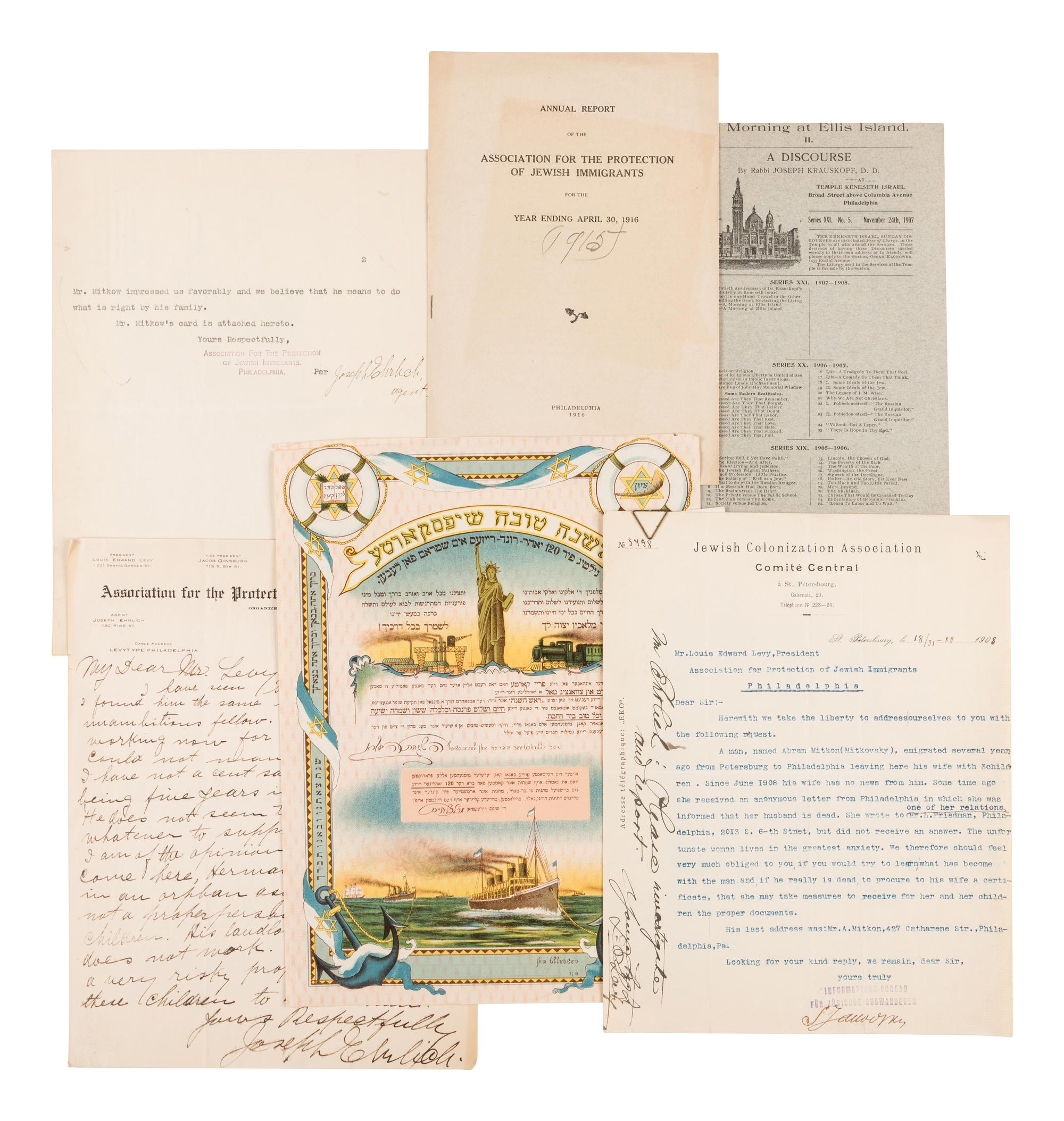 [JEWISH EMIGRATION]. An archive of material relating to Jewish emigration to America ca 1890-1909, including letters and printed pamphlets, most relating to Louis Edward Levy.