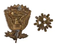 Civil War-period brass cap ventilator and enlisted Hardee hat eagle.