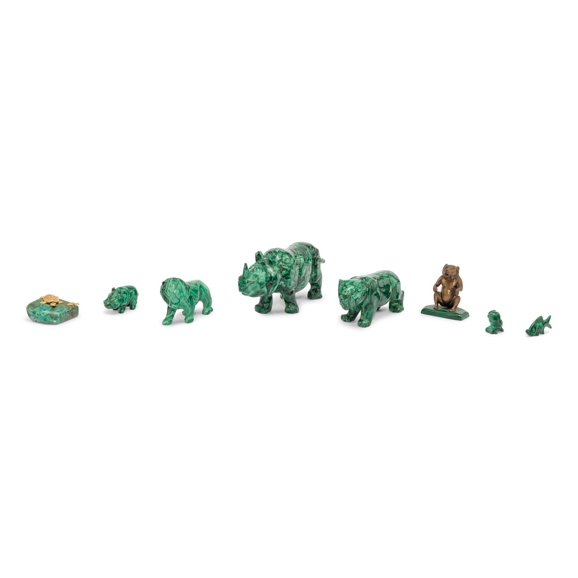 A Group of Eight Malachite and Malachite-Mounted Animal Figures