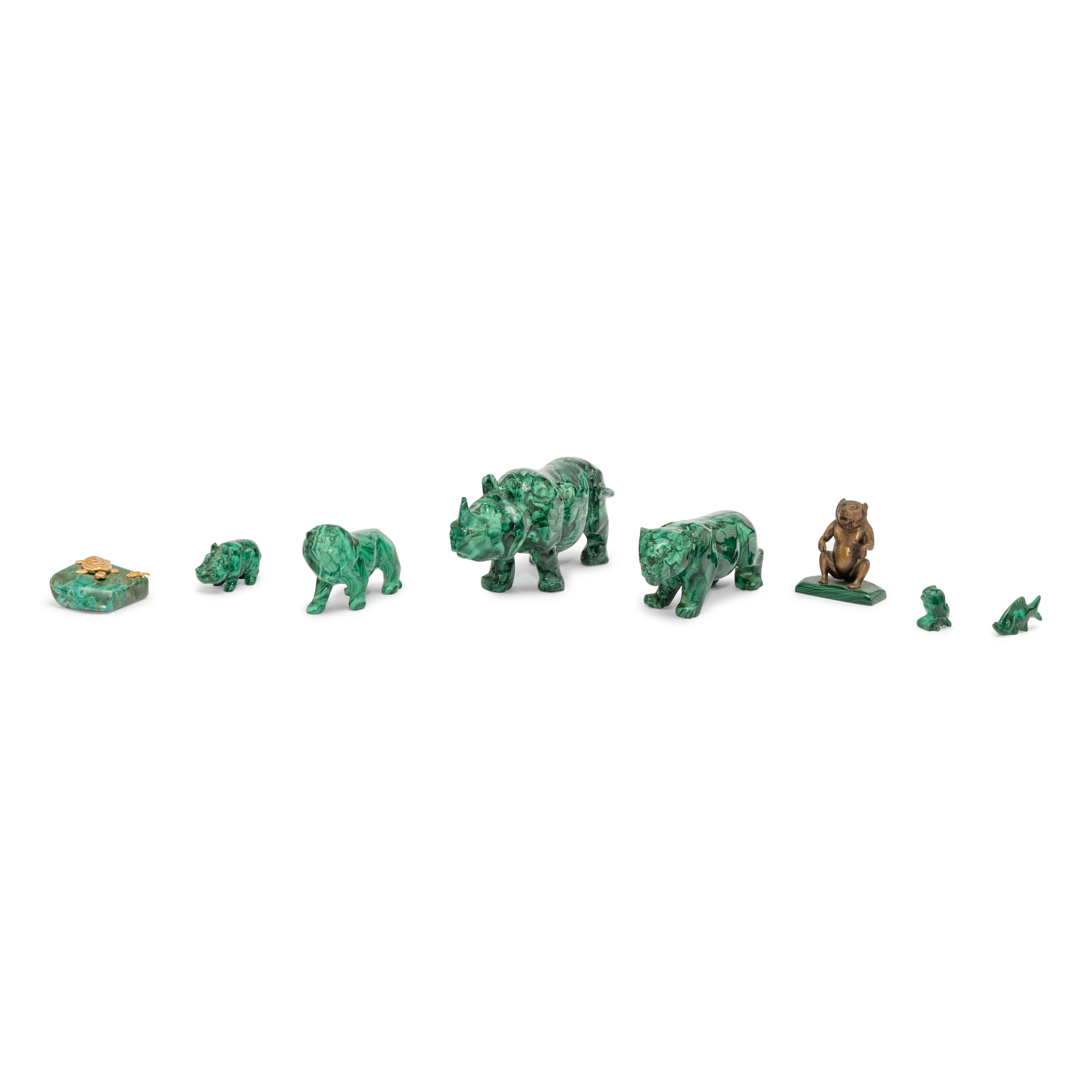 A Group of Eight Malachite and Malachite-Mounted Animal Figures