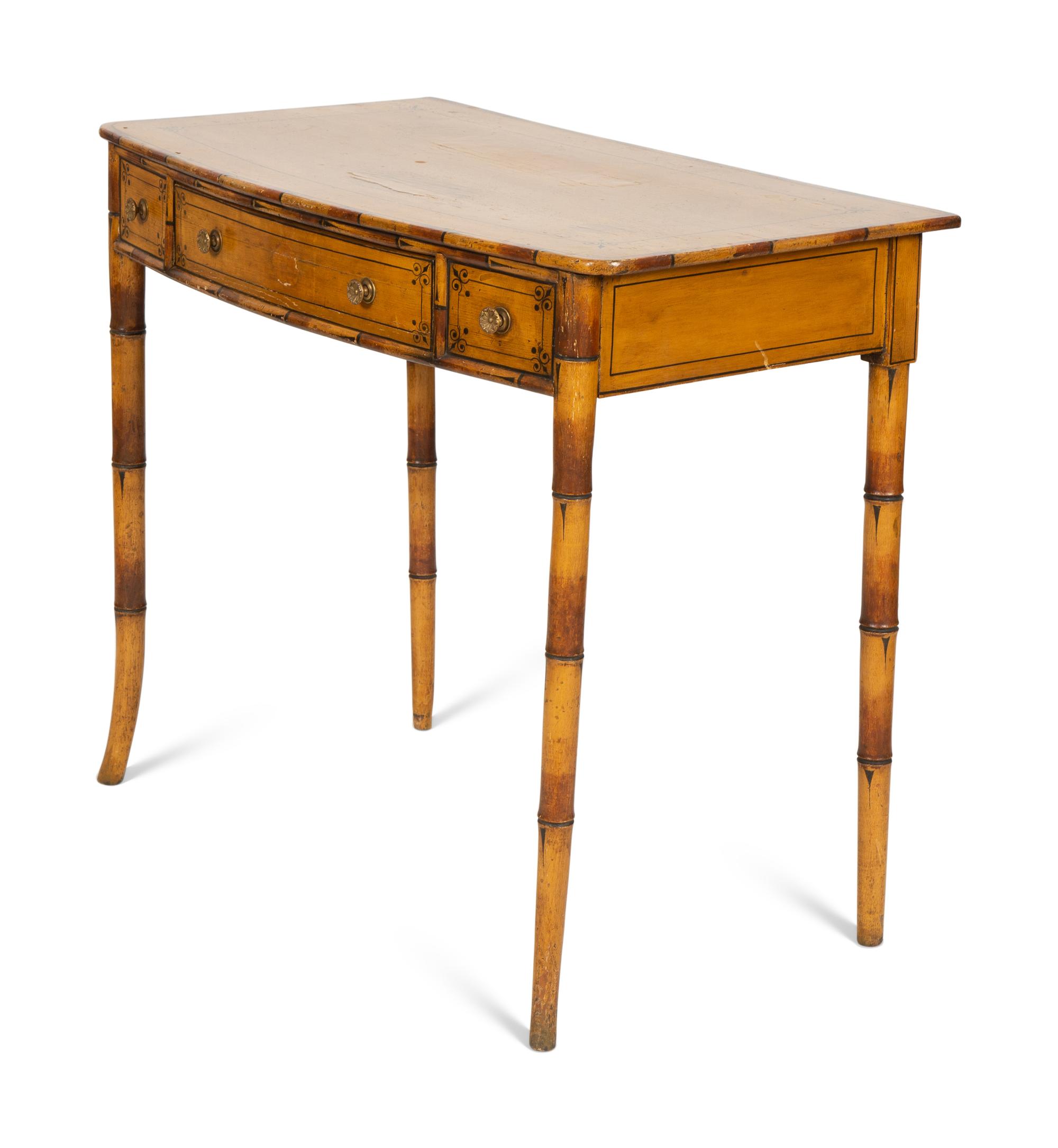 A Classical Stencil-Decorated Faux Bamboo Pine Bow-Front Dressing Table