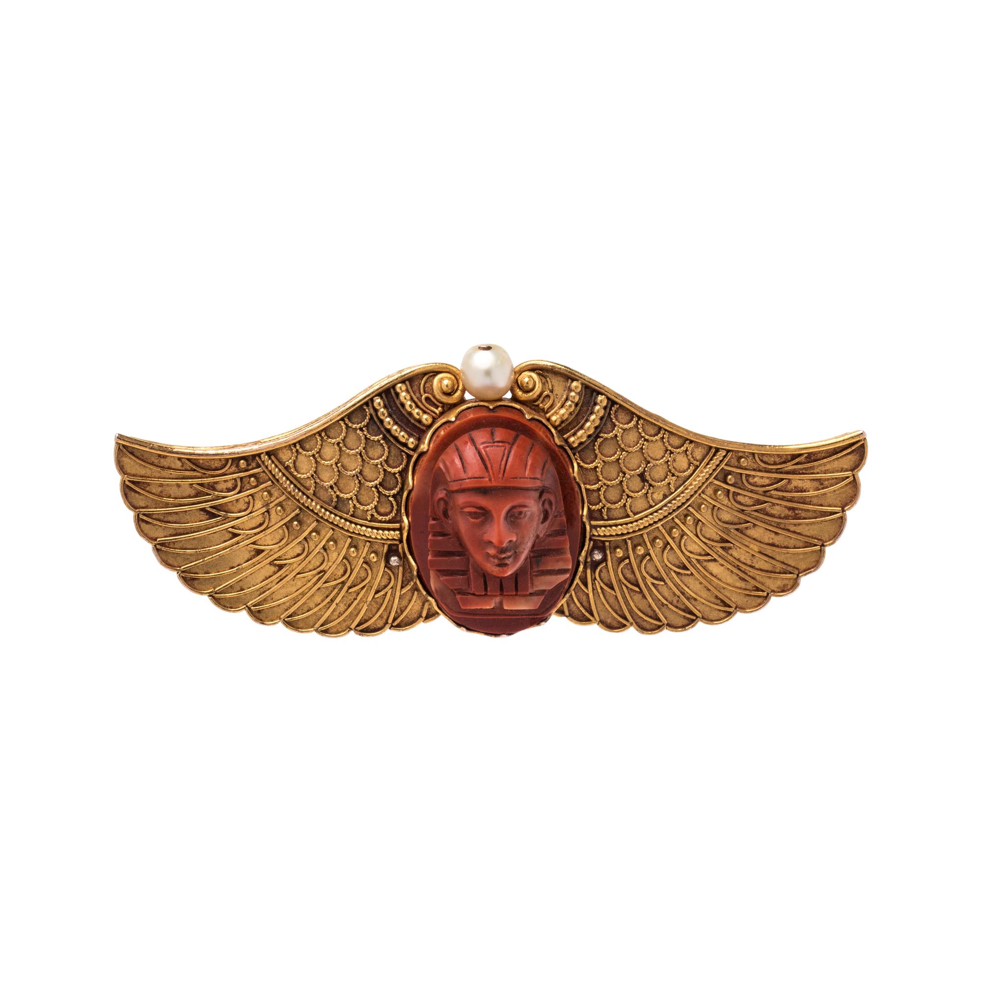 EGYPTIAN REVIVAL, YELLOW GOLD, HARDSTONE AND PEARL BROOCH
