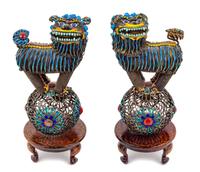 A Pair of Chinese Enamel on Silver Fu Lions