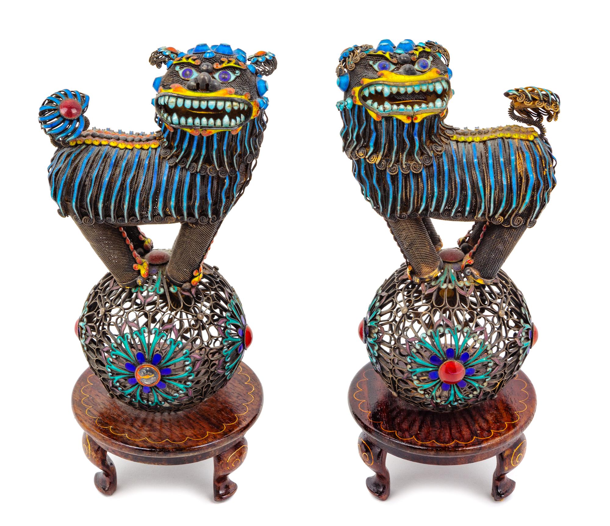 A Pair of Chinese Enamel on Silver Fu Lions