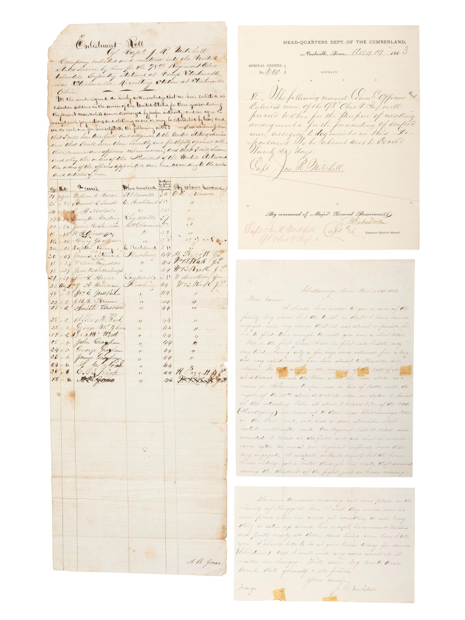 [CIVIL WAR]. Small archive related to Lt. Col. Joseph R. Mitchell, 98th Ohio Volunteer Infantry, including a letter describing a skirmish near Chickamauga Station as part of the Chattanooga-Ringgold Campaign. "Chattanooga, Tenn.," 25 December 1863.