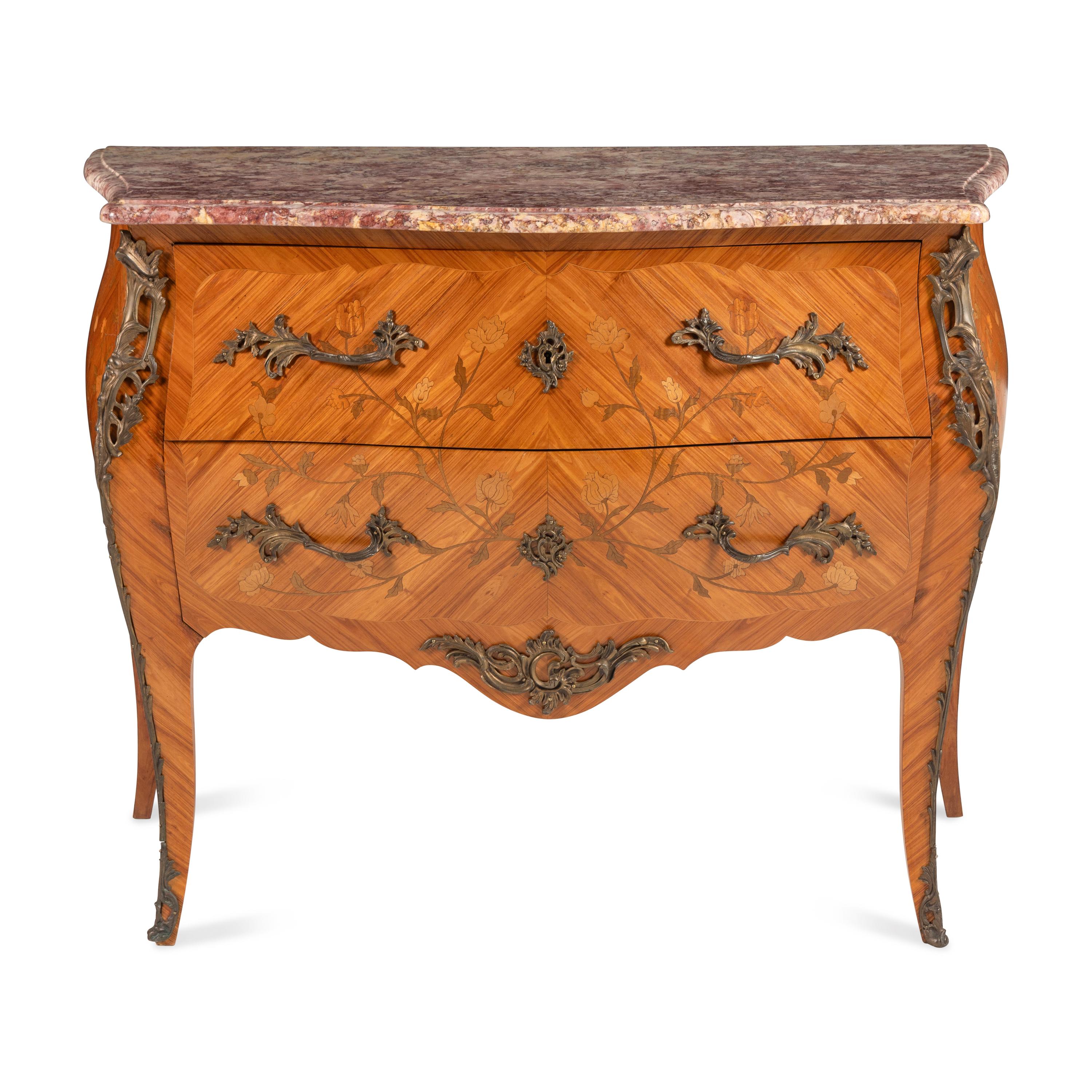 A Louis XV Style Gilt Bronze Mounted Tulipwood, Marquetry, and Spanish Brocatelle Marble-Top Commode