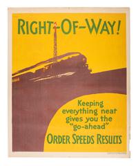 [POSTERS]. LEE, Jr., Henry, artist. Right-of-Way! / Order Speeds Results . Chicago: Mather & Co., 1929.