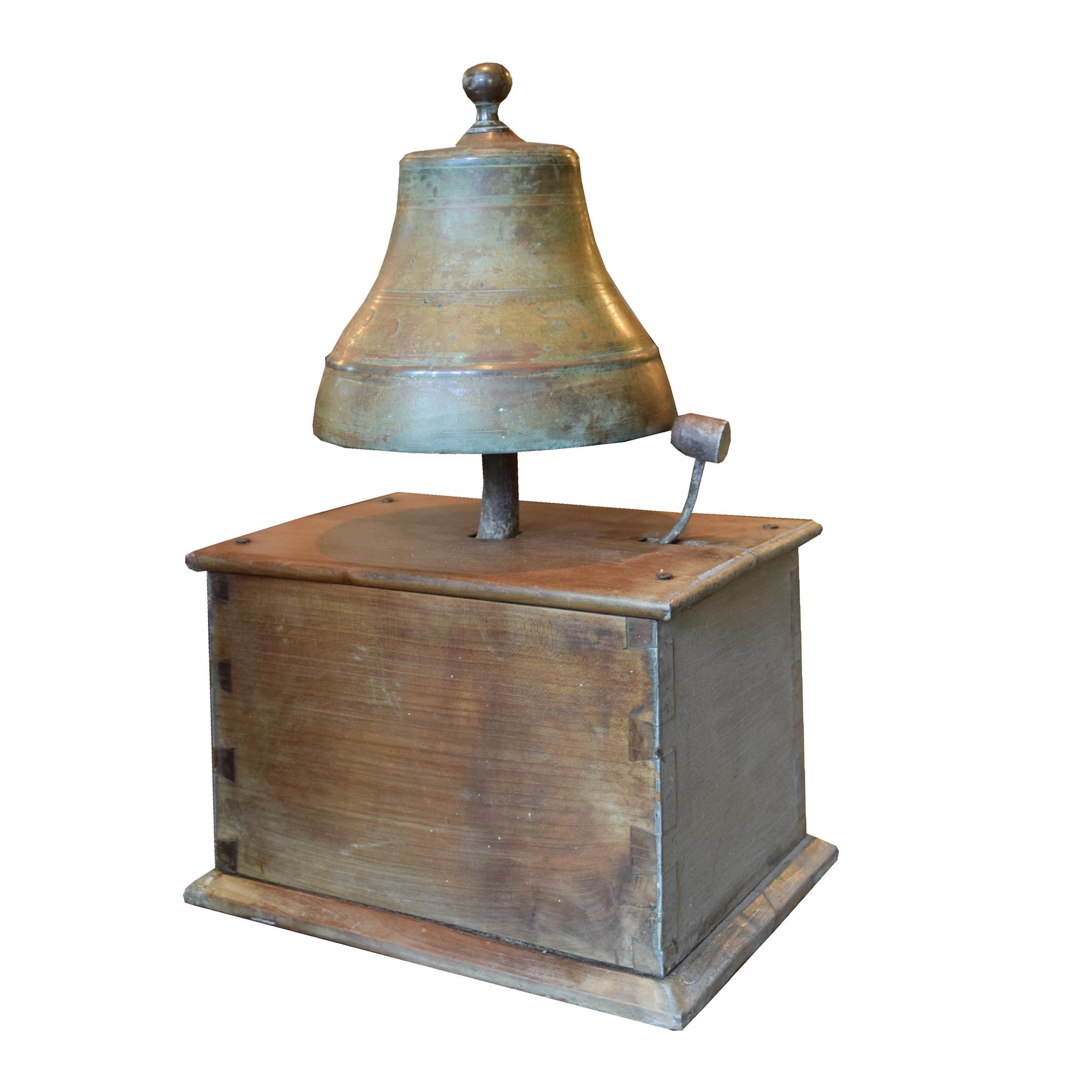 A Bronze Time Clock Bell on Wood Base 12" W x 8" D x 19" H — Italy