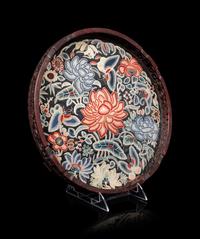 A Chinese Embroidered Silk Inset Hardwood Circular Tray