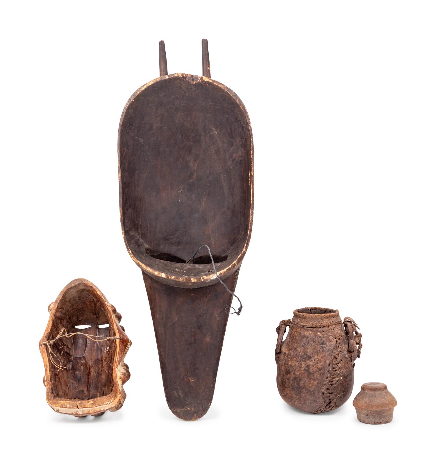 Two African Carved Wood Masks and a Covered Vessel